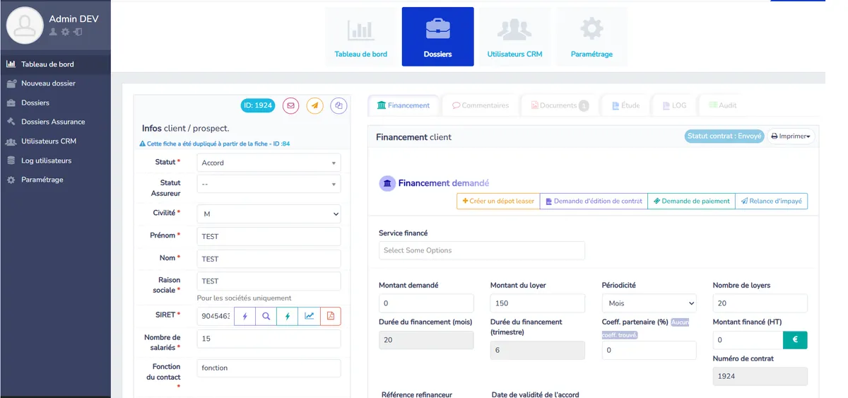 CRM de gestion de dossiers de financement pour une société de leasing