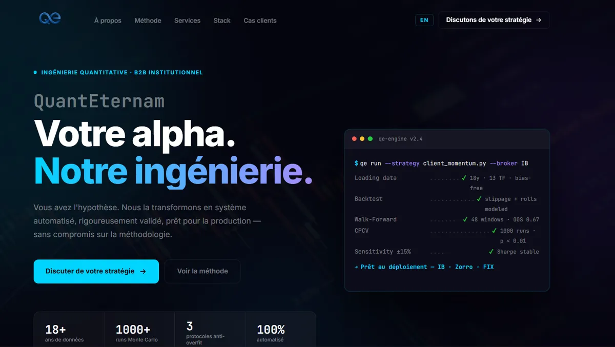 Site vitrine de QuantEternam, collectif de trading algorithmique